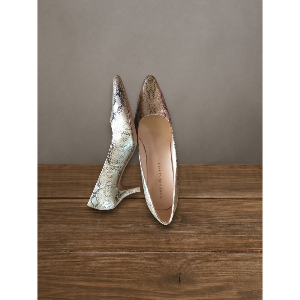 Karen Scott Pump Womens 9M Silver Python Print Heels Pointed Toe Metallic Glam